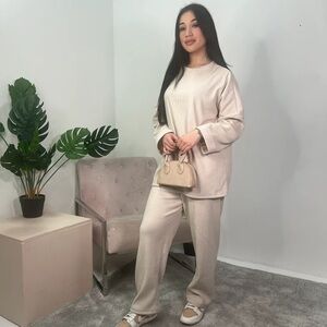Comfy Ribbed Set Oversize Loose Top and Wide Leg Pants